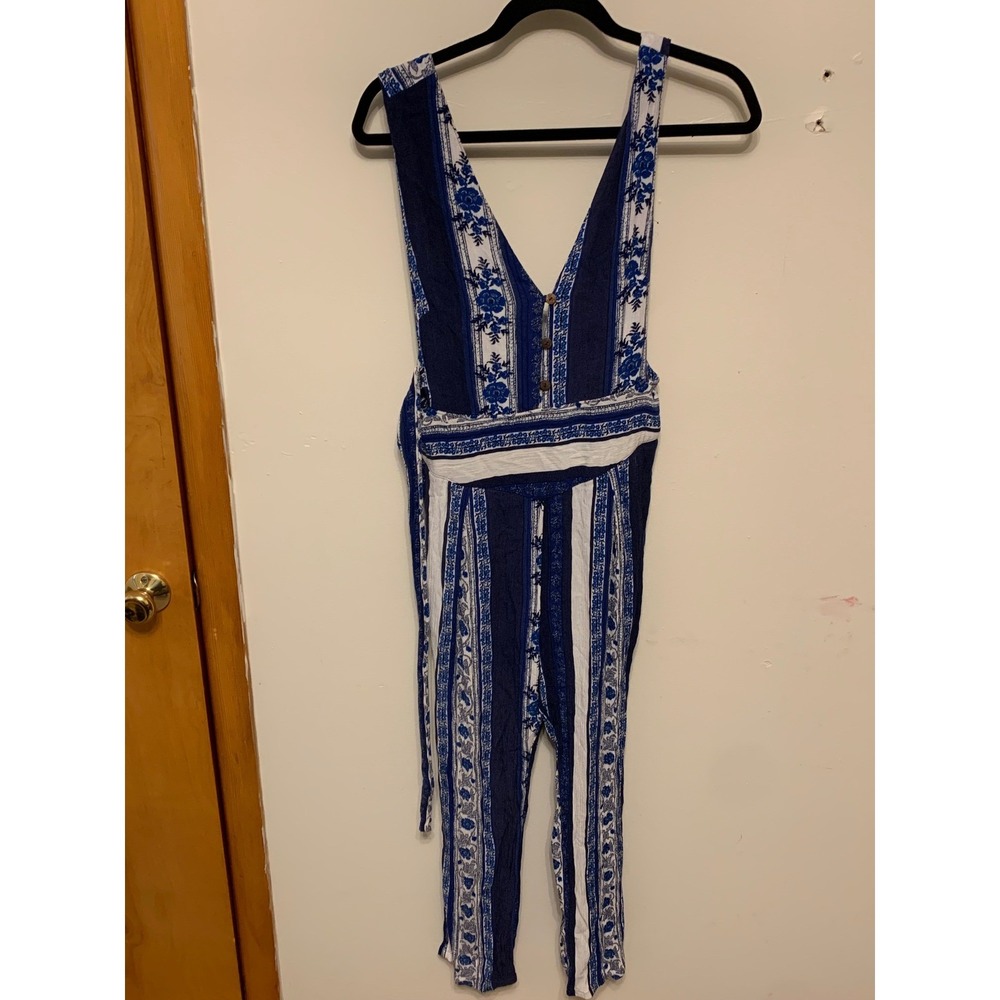 Free People Blue White Floral‎ Wide Leg Jumpsuit Romper Boho Festival Size 4